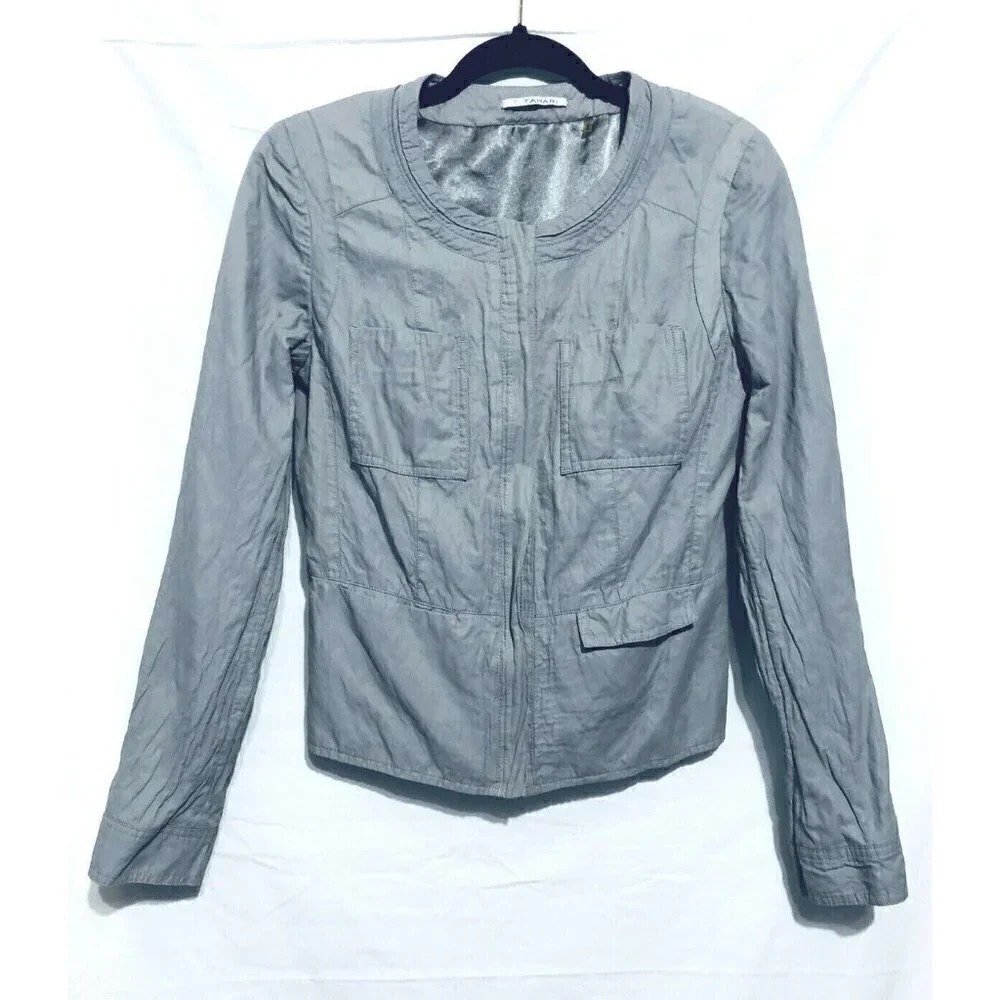 T Tahari Womens Small Gray Zip Jacket Wrinkled Cotton Metallic Boho